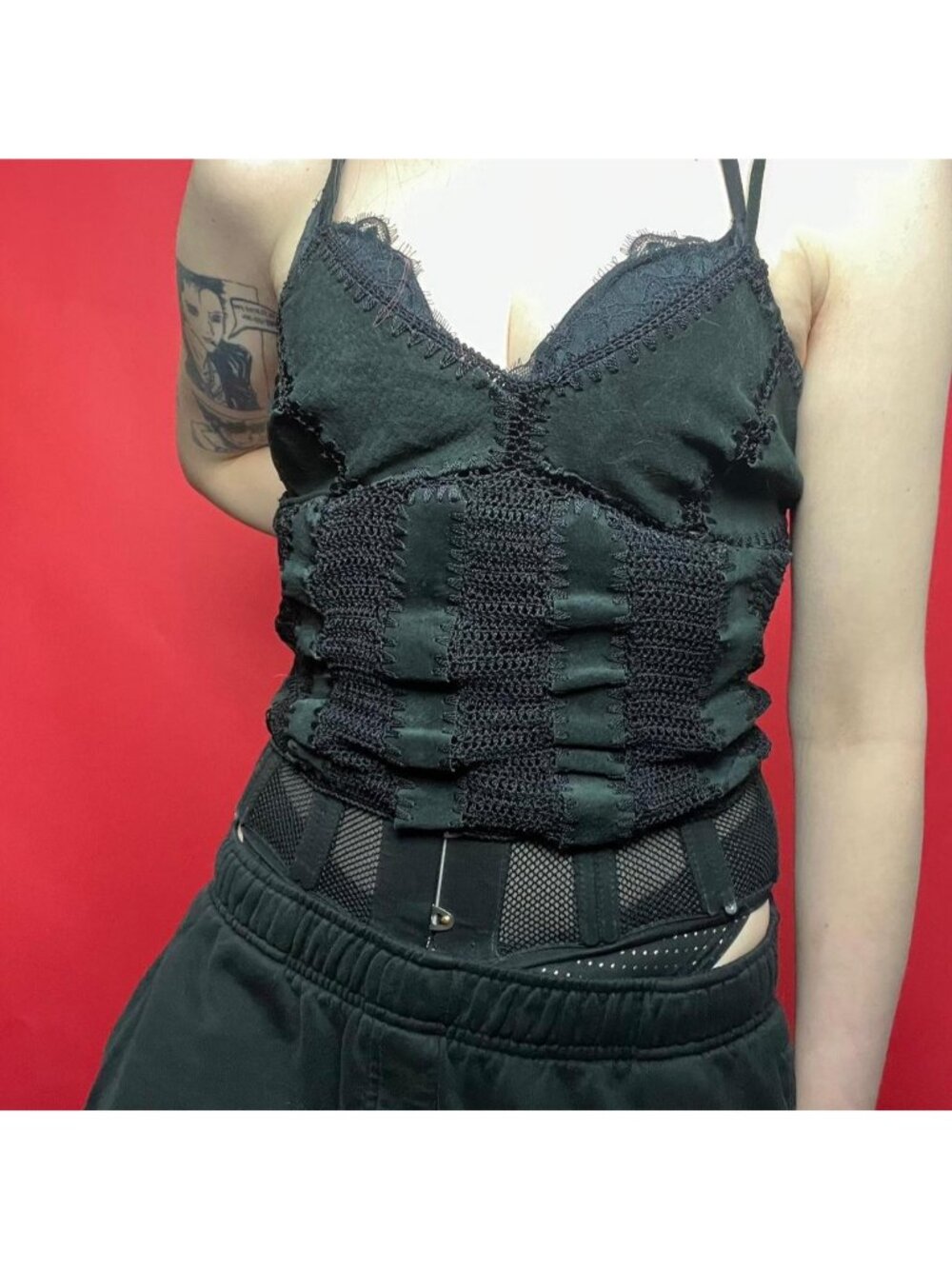 Heart moon star / Leather and mesh crop top tank  🖤🖤